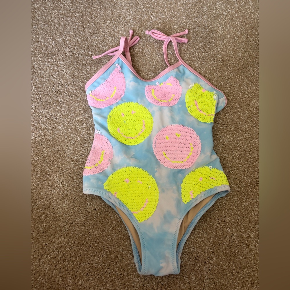 Girls' Blue Sequin Smile One-Piece Swimsuit - Pink & Neon Yellow